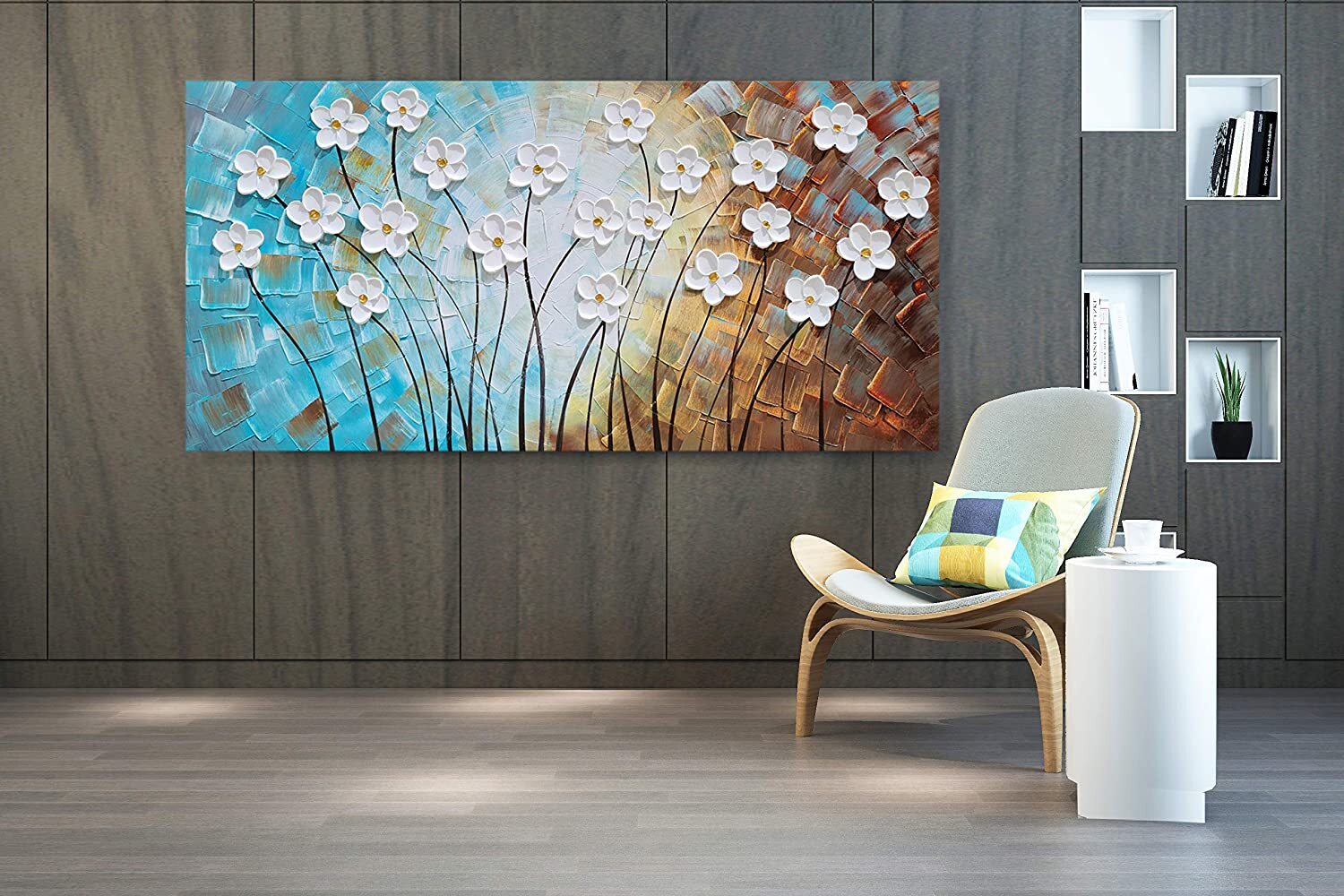 Art Oil Painting On Canvas Flowers White Modern Handmade 20x40 inch