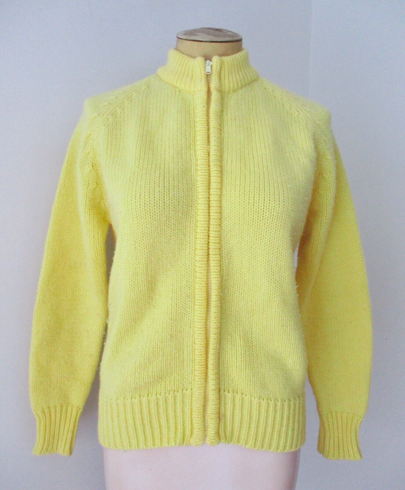 Vtg 70s bright lemon yellow acrylic zip front cardigan sweater mock t-neck  M/L