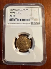ITALY PAPAL STATES 1867 20 LIRE GOLD COIN ALMOST UNCIRCULATED CERTIFIED NGC AU55