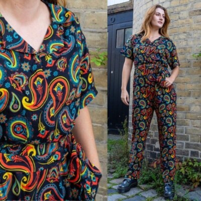 Run and Fly Schwarzer Paisley Jumpsuit 8-26 Retro 60s Groovy Overalls