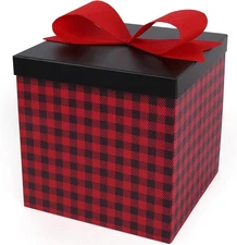 LaRibbons Large Christmas Gift Boxes with Lids,10x10x10 Bufalo Plaid Stars 