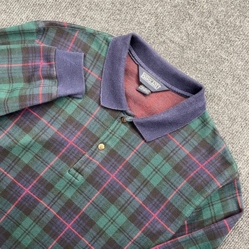Lands' End, Lands' End Vintage 90s Plaid Long Sleeve Polo Shirt Green Navy Large Made in USA
