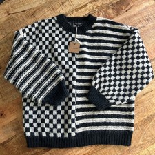 Blu Pepper Women's Large Mixed Pattern Checkerboard Striped Sweater Black Cream