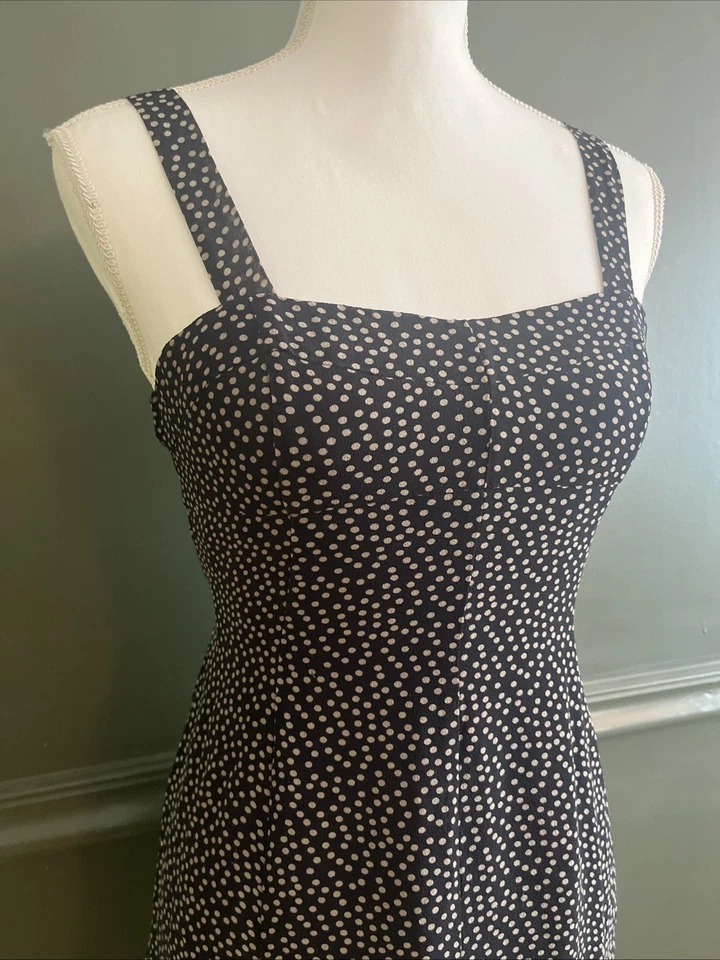 Vestido sin Mangas 100% Seda De Colección Negro Blanco Lunares Corte Sesgado Pañuelo Dobladillo Talla 2 Foto 3 de 4