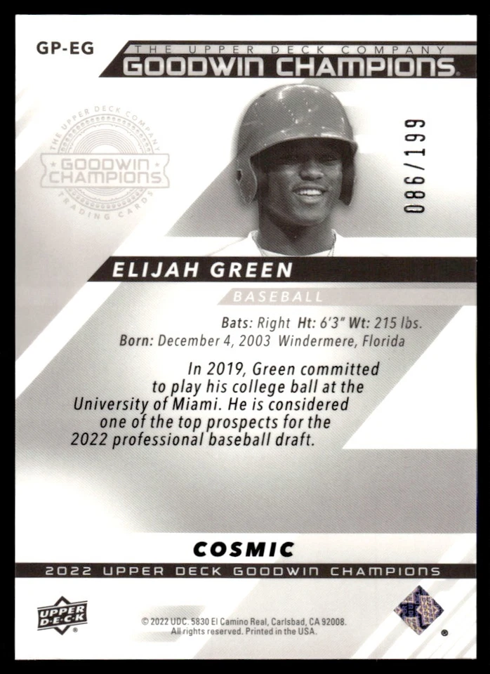 2022 Goodwin Champions Cosmic Elijah Green 086/199 #GP-EG - Image 2 of 2