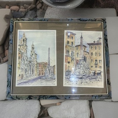 Stunning Watercolor Painting Set Piazza Navona Art by Italian Fausto Battelli