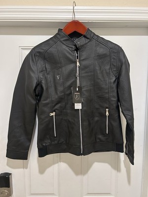F Collections Men s Black Faux Leather Jacket Size L NWT Zip Moto Style