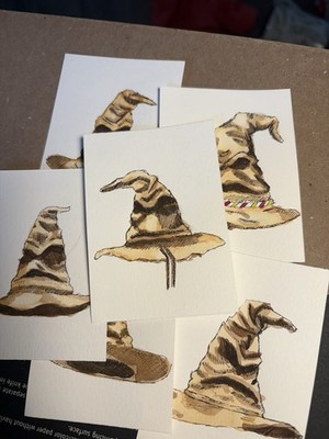 ACEO Original Watercolor Painting HARRY POTTER SORTING HAT Mini Art Card
