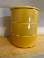 Homer Laughlin Kitchen Kraft stacking yellow refrigerator set, 3 bowls + lid