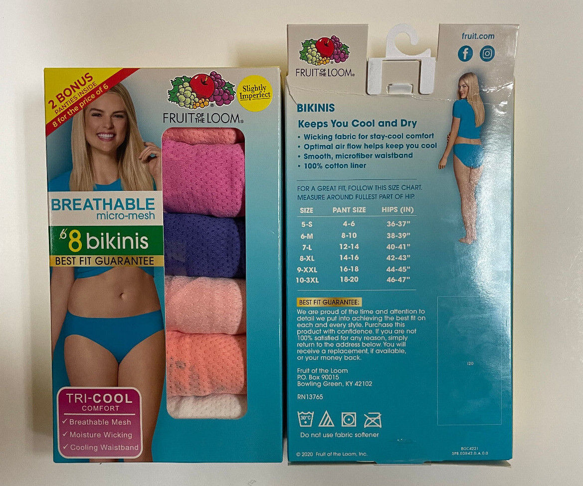 8 pack Fruit of the Loom Breathable Micro-Mesh Bikini Underwear Sz- 7 / L