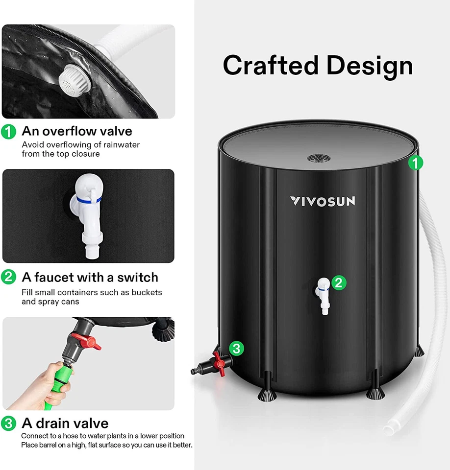 VIVOSUN 53/100/132 galones colector de barril de lluvia plegable, tanque de almacenamiento de agua PVC Foto 3 de 4