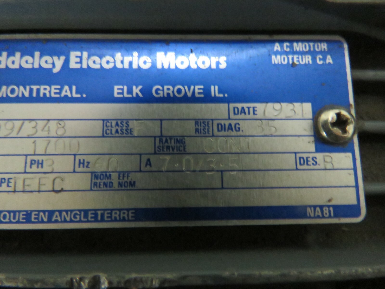 HAWKER SIDDELEY ELECTRIC MOTOR 2 HP 1700 RPM PH 3 230/460V S426299/348