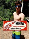 Vintage Near Mint Metal Norka Strawberry Cherry Soda Pop Sign 24x12 Gas oil