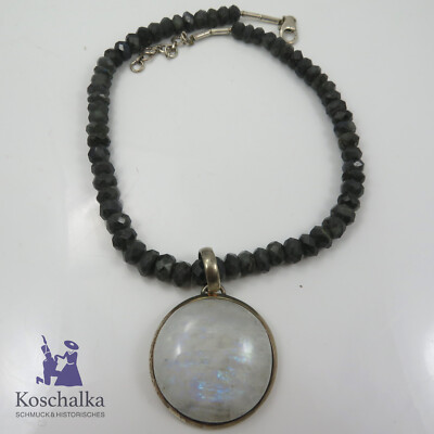Vintage 925er Silber große Mondstein Anhänger & Labradorit Kette (E3983)