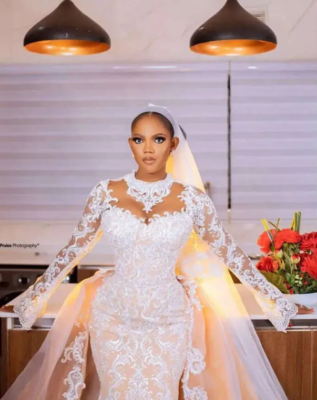 champagne mermaid wedding dress GL2598 | Sheer Scoop-neck Jewel Gown a figure Gorgeous Mermaid Champagne Wedding Dress