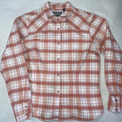 Shaynne , snap up womens Western shirt, Orange Plaid, medium EUC bin 6