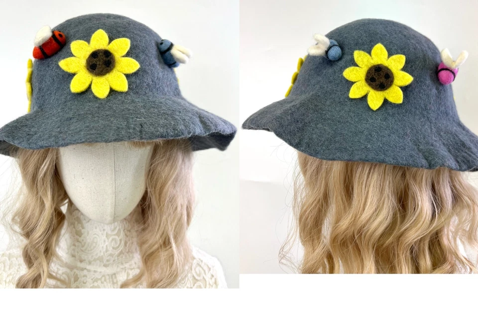 Chapéu balde feminino feito à mão 100% lã feltro lã girassol abelhas presente inverno sistema operacional - Imagem 4 de 4