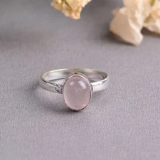 Rose quartz Sterling Silver Simple Promise Engagement Handmade Women Gift forher