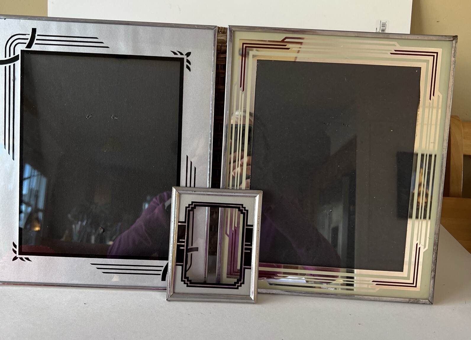 3 Vintage Art Deco Reverse Painted Picture Frame Silver Black Maroon
