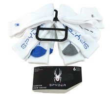New SPYDER Men's 6-12 6 Prs White with Black/Gray/Blue Script Logo Crew Socks