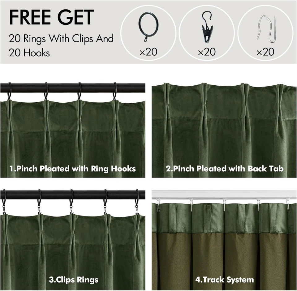 Green Velvet Curtains 96 inches Long, Pinch Pleated Blackout Drapes with Hooks, - Image 3 of 4