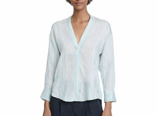 VINCE. Top Blouse Semi-Sheer V-Neck L/S Solid Stripe Airy Mint W's Large $275