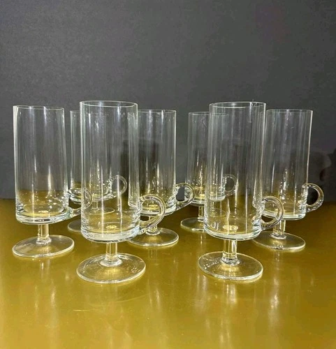 Set of 7 Vintage Clear Glass Irish Coffee Mugs Footed Pedestal Cups with Handle