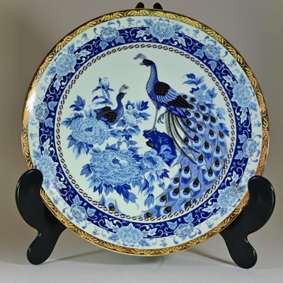 3er Set Vintage blau & weiß Porzellan Teller schwer gold vergoldet Pfau Floral