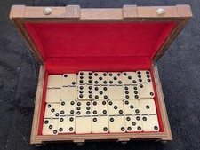 19th C Antique Black White Celluloid Dominoes W/Brass Pin 25 pc Chest