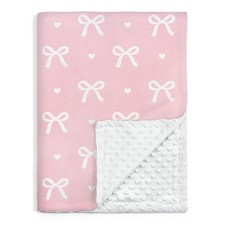 Pink Bow Minky Baby Receiving Blanket Soft Plush Dotted Back 30x40 Inch