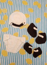 Hand Knitted Unisex Baby Outfit Set Hat, Diaper Cover Booties White Brown