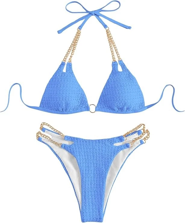 Maillot de bain deux pièces femme bikini bleu taille S avec chaînes dorées éléga - Photo 2/4