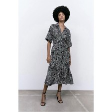 Zara Black White Printed Button Down Shirt Midi Dress V-Neck Lapel Collar Large