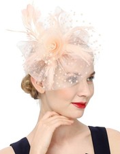Women's Tea Party Fascinators Mesh Flower-Shaped Pearl Feather Veil Fascinato...
