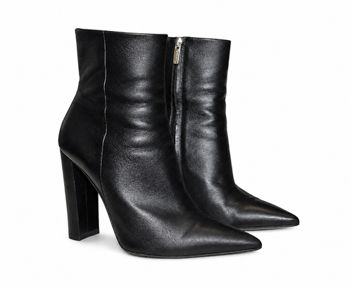 Black leather Gianvito Rossi ankle boots with pointed toes, high heels, and side zippers on a white background.