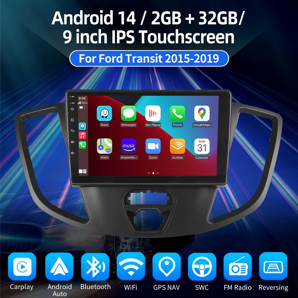Radio estéreo GPS para automóvil Ford Transit 150 250 350 2015-2019 Android 14 Carplay Foto 3 de 4