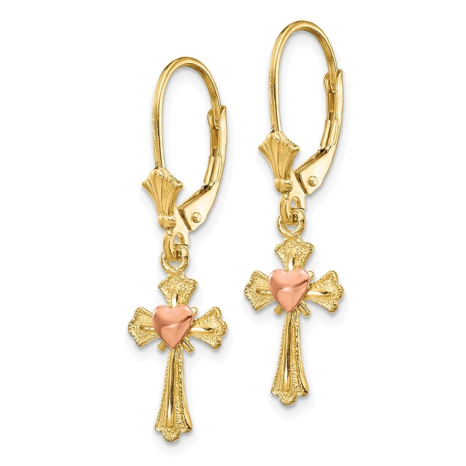 10k Two-tone Gold 32mm Heart on Cross Leverback Earrings - Image 2 of 4