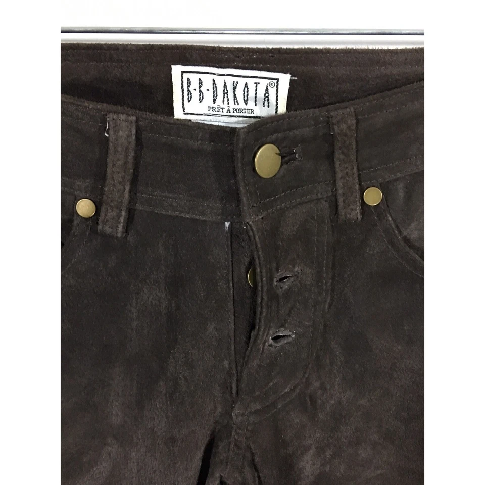 BB Dakota Pret A Porter Vintage Brown Leather Pants Gold Button Fly Women 5 / 6 - Image 3 of 4