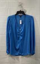 Banana Republic Women's Blue V-Neck Ruched Blouse Top Long Puff Sleeve L NWT
