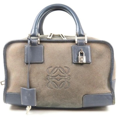 LOEWE Amazona 28 Suede Handbag Large Anagram Logo Bag Greige Leather Authentic
