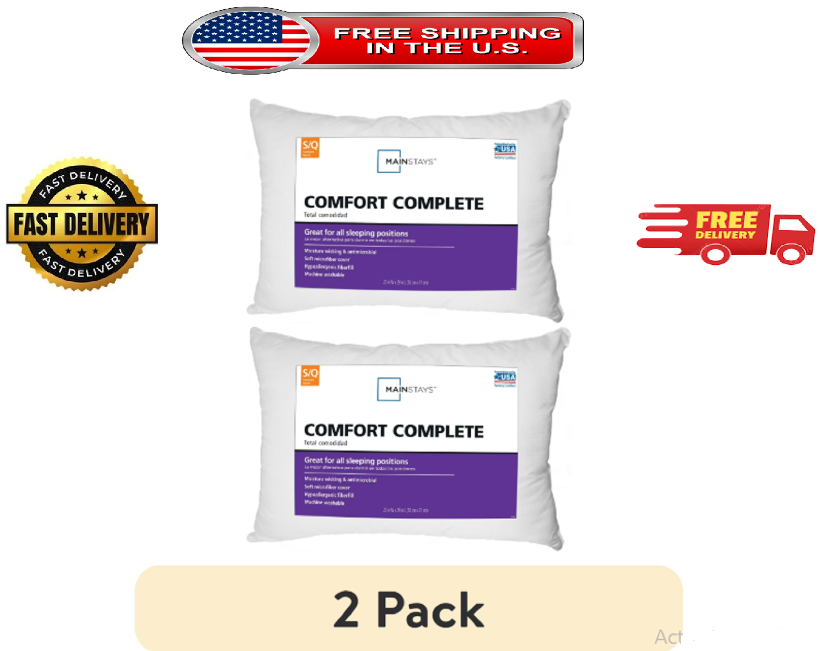 Mainstays Comfort Complete Bed Pillow, Standard/Queen (2 pack)