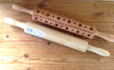 TWO UNUSED WOODEN ROLLING PINS (1 x Plain & 1 x Embossing)