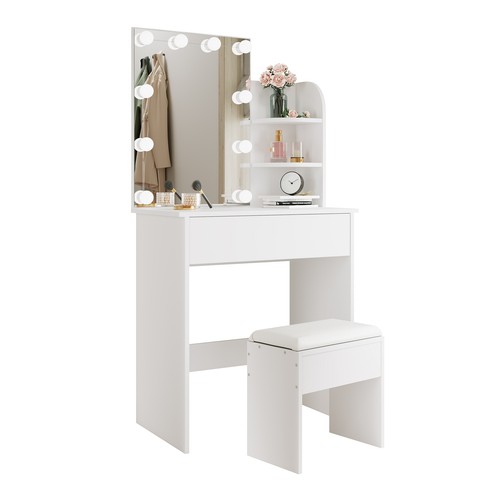 LED Dressing Table White Mirror Vanity Makeup Desk with Stool Drawer & Shelves - Picture 8 of 13