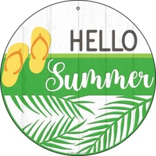 Hello Summer Flip Flops Round Circular Metal Sign 12" for Home Garage Wall Gift