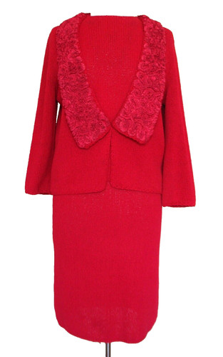 Vintage St John 3 Piece Suit Red Wool Blend Knit S Women Early 1970s