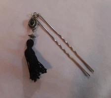 Vintage Metal Hair Stick With Black Tassel & Decorative Bead