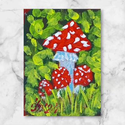Original ACEO Amanita 2 Red Mushroom handmade art Fungi Nature Fantasy ooak