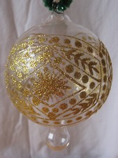 Clear GLASS Ball Ornament with Gold accents and a Bauble on end