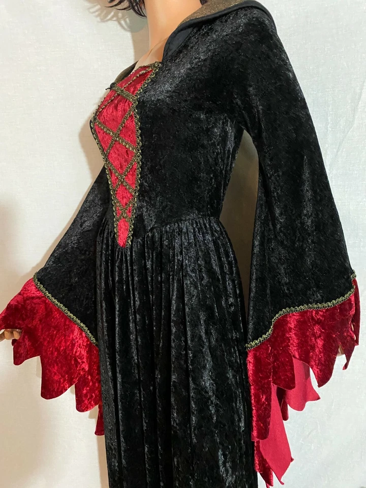Medieval Renaissance Dress Costume Faux Velvet Black Red Goth Witch Vampire M  - Image 2 of 4