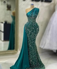 Emerald Green Evening Dress Glitter Tassel One Shoulder Beaded Formal Prom Dress